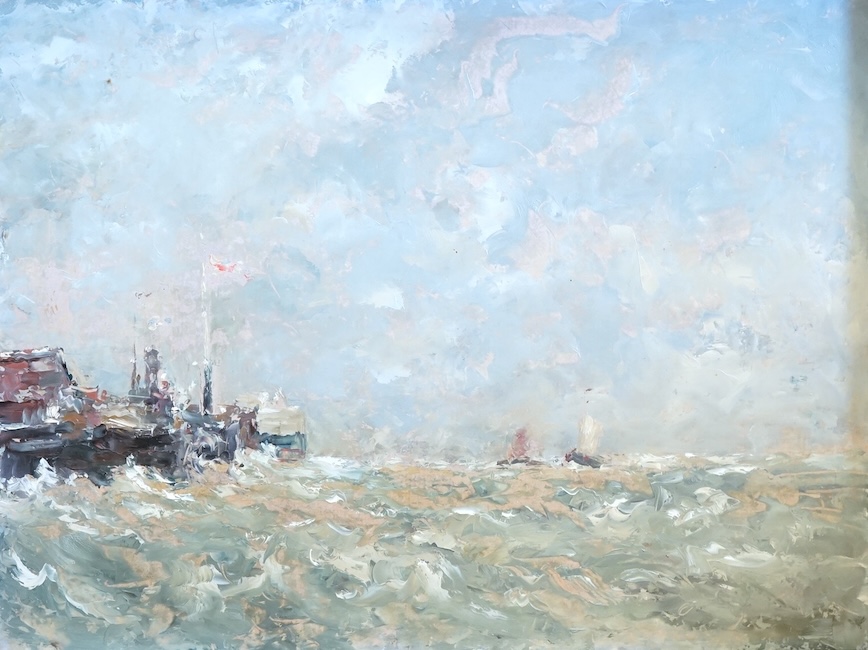 1930's Impressionist, oil on board, Coastal view with rough seas, unsigned, 29 x 39cm